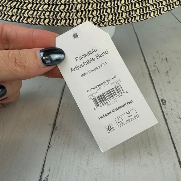 NWT Time and Tru Black Striped Packable Adjustable Floppy Straw Hat One Size - Picture 3 of 8
